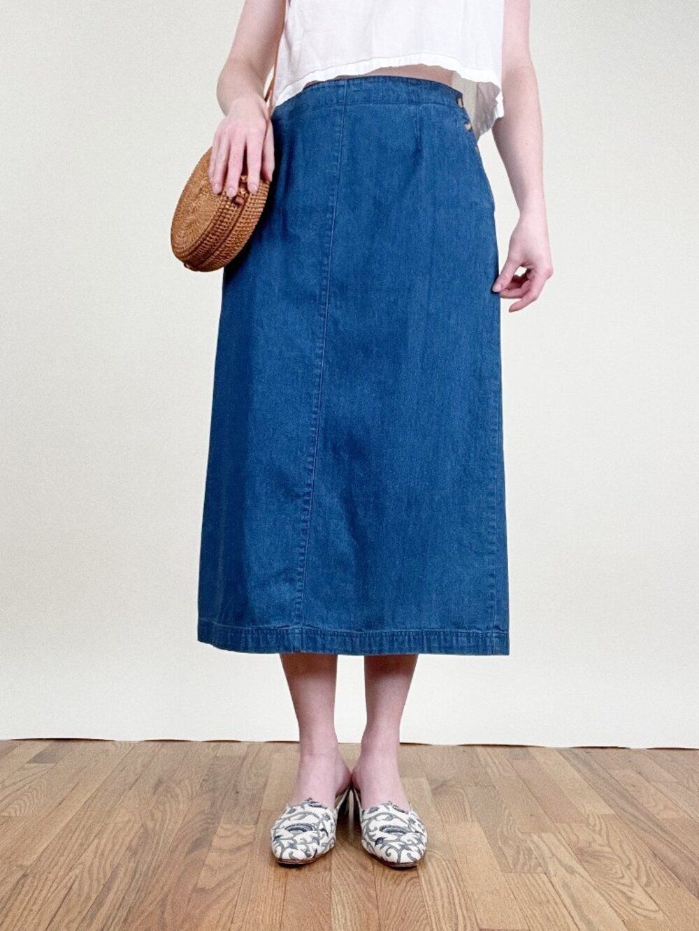 Vintage 90s 100% Cotton Denim Midi Skirt Straight Capsule Collection Timeless
